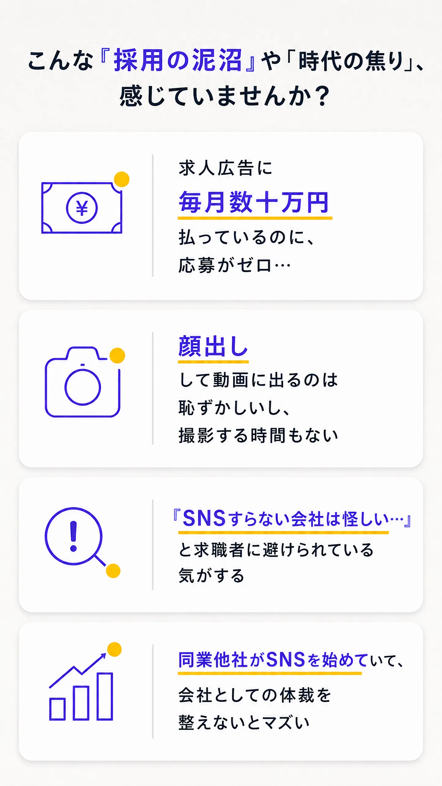 こんな「採用の泥沼」や「時代の焦り」、感じていませんか？｜求人広告に毎月数十万円払っているのに応募がゼロ｜顔出しして動画に出るのは恥ずかしいし撮影する時間もない｜「SNSすらない会社は怪しい」と求職者に避けられている気がする｜同業他社がSNSを始めていて会社としての体裁を整えないとマズい